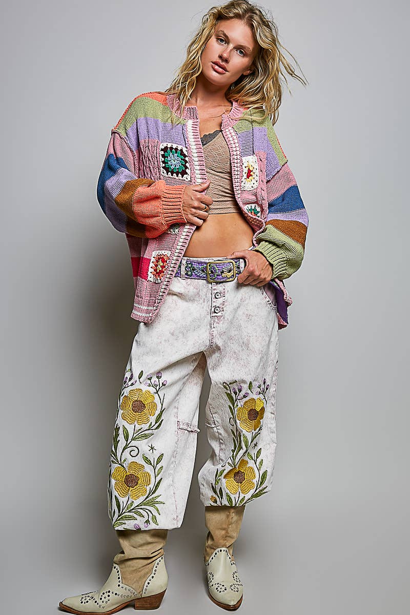 Handmade Patchwork Striped Chenille Sweater Open Cardigan: ROSE MULTI / S