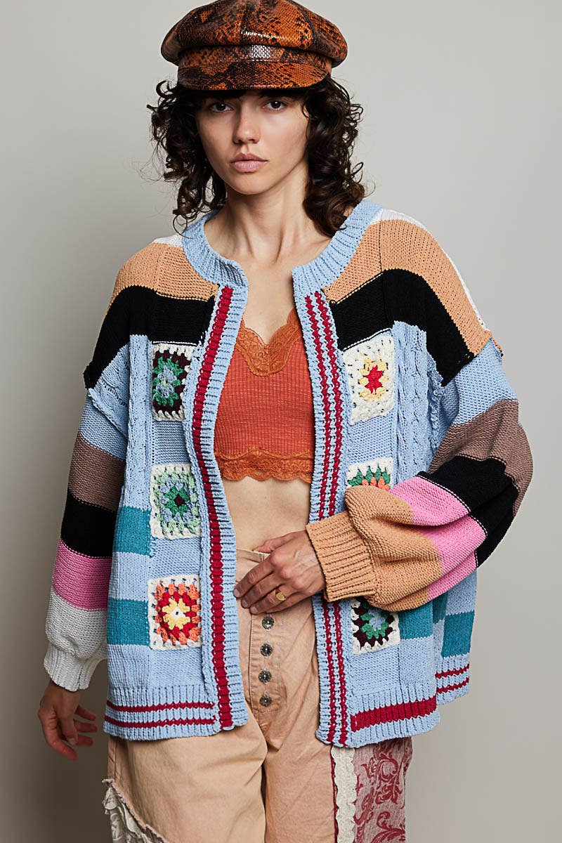 Handmade Patchwork Striped Chenille Sweater Open Cardigan: ROSE MULTI / S
