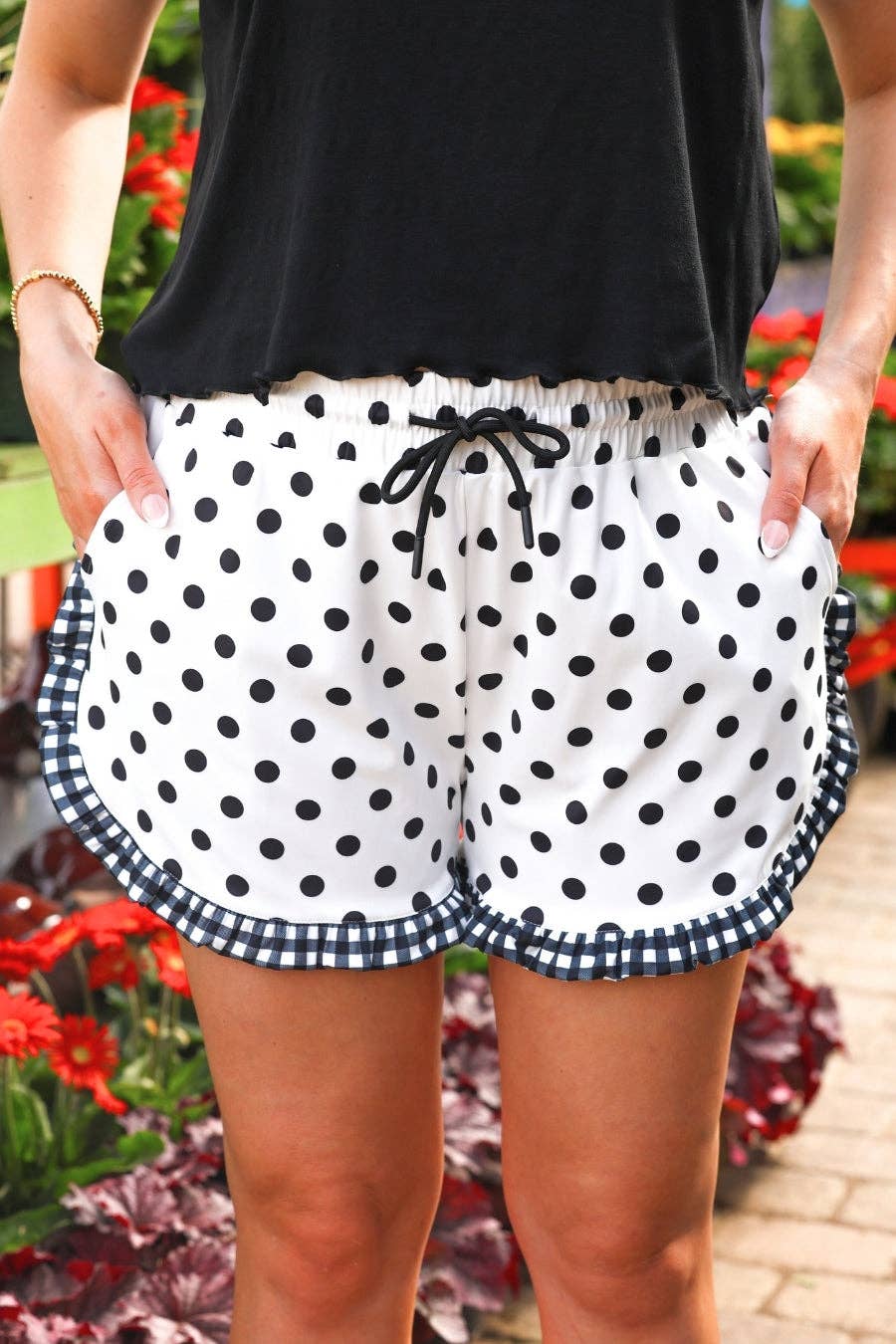 White Polka Dot Ruffle Shorts: Black/White / XL
