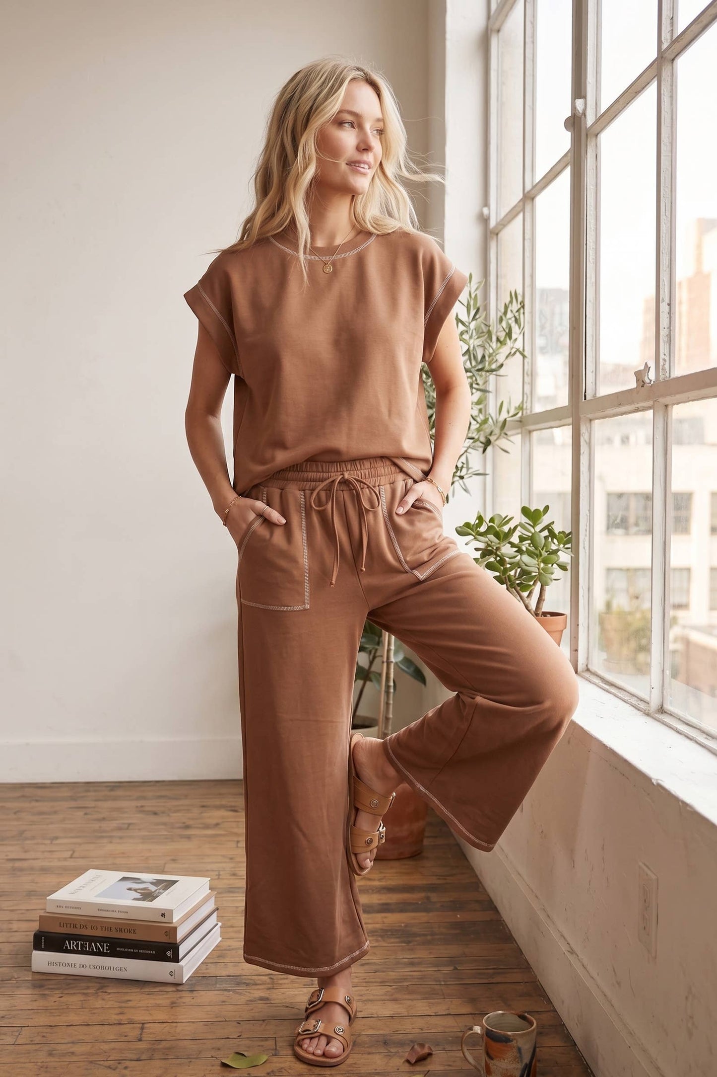 (Original Design) Scuba Contrast Stitch Lounge Set: RED / S
