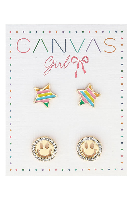 Izzy Rainbow Star & Smiley Face Children's Earrings Set