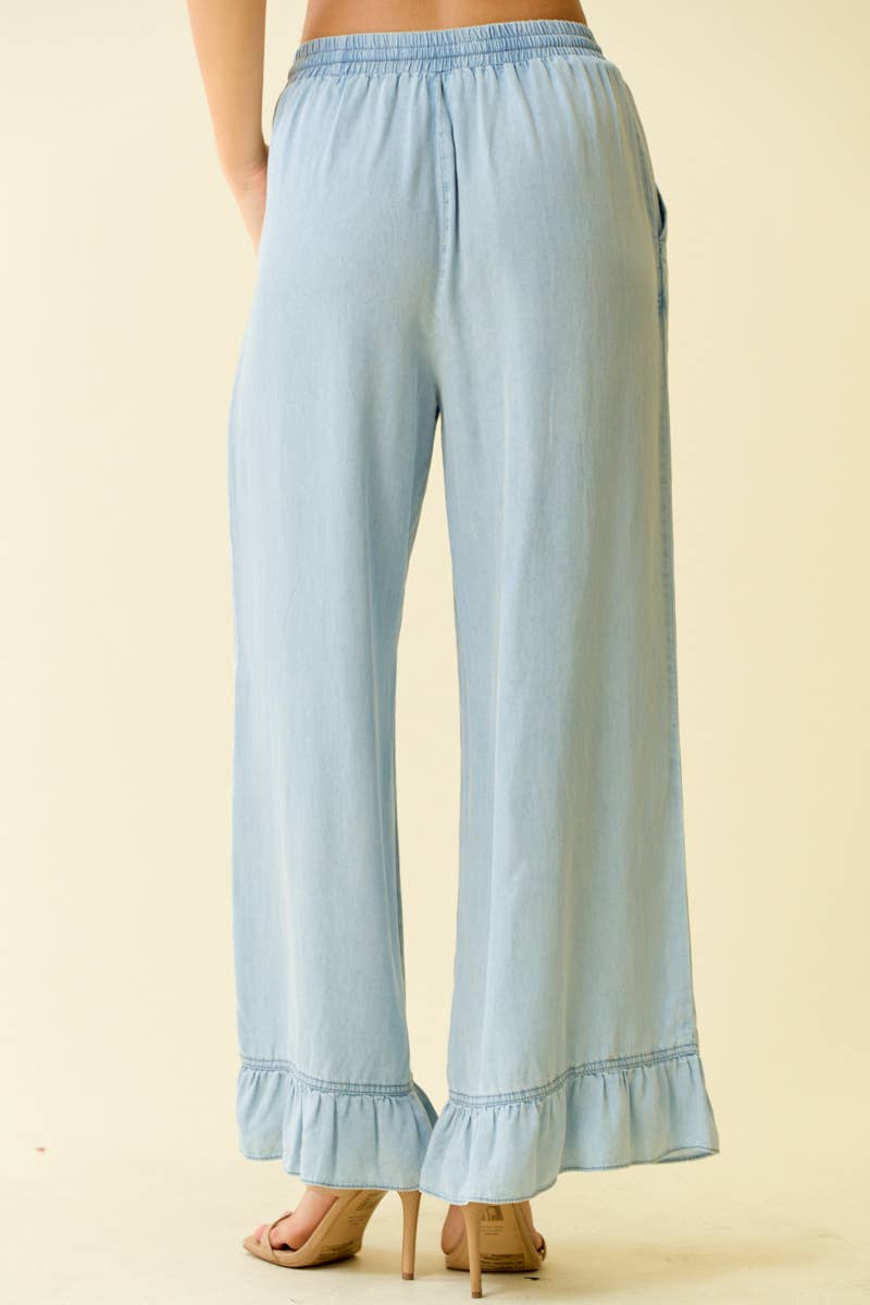 DENIM RUFFLE BOTTOM WIDE LEG PANTS - 8887P: DENIM / S