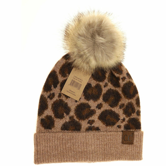Taupe Leopard Pattern Faux Fur Pom Beanie