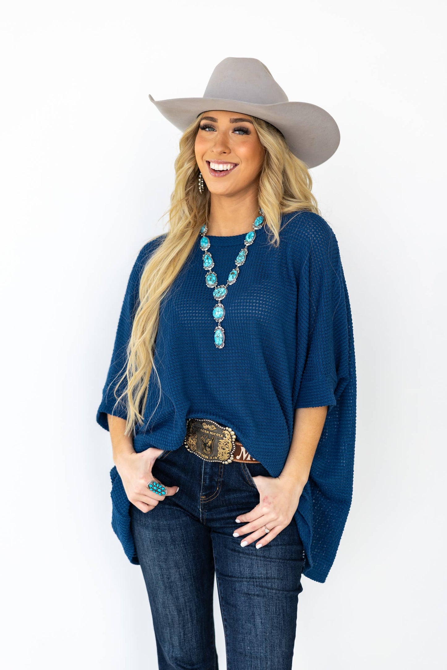 Crochet Oversized Relaxed Fit Poncho Top: NAVY / S/M