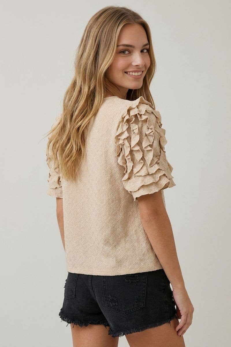 DIAMONT TEXTURED RUFFLE PUFF SLEEVE TOP - 46027T-1: Black / Contemporary / S