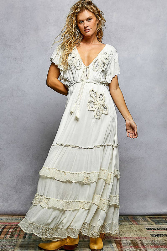 Ruffle Trim V-neck Embroidery Sequins Tassel Long Dress: IVORY / S