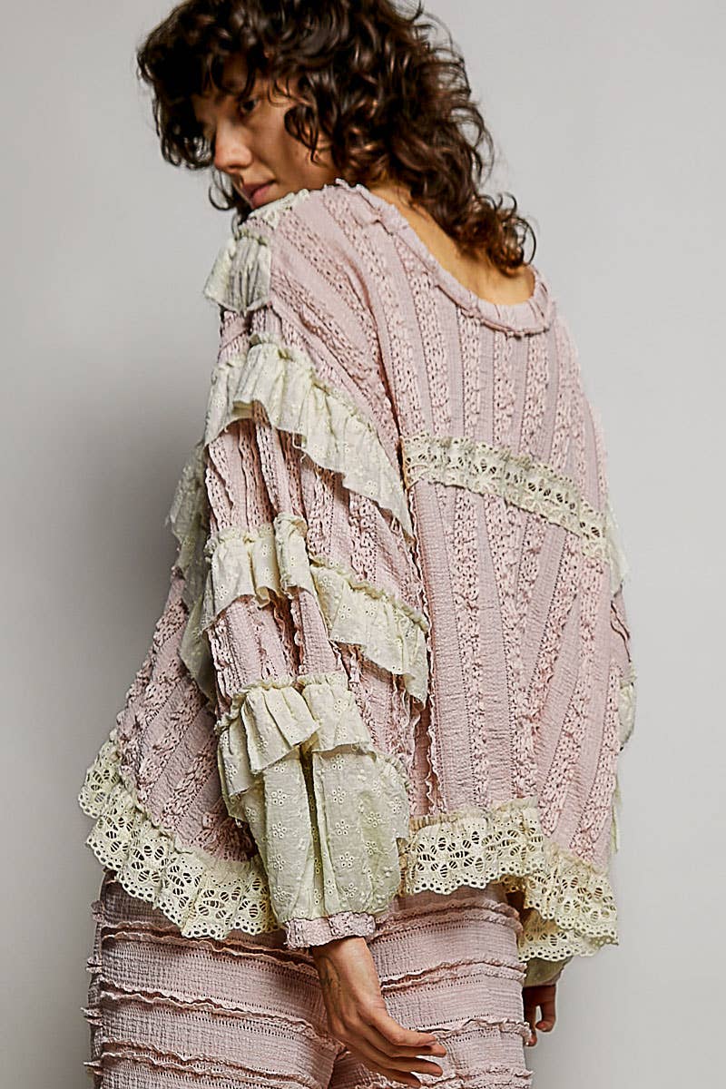 Eyelet Ruffle Raw Edge Trim Lace Solid Knit Top: CREAM BEIGE / S