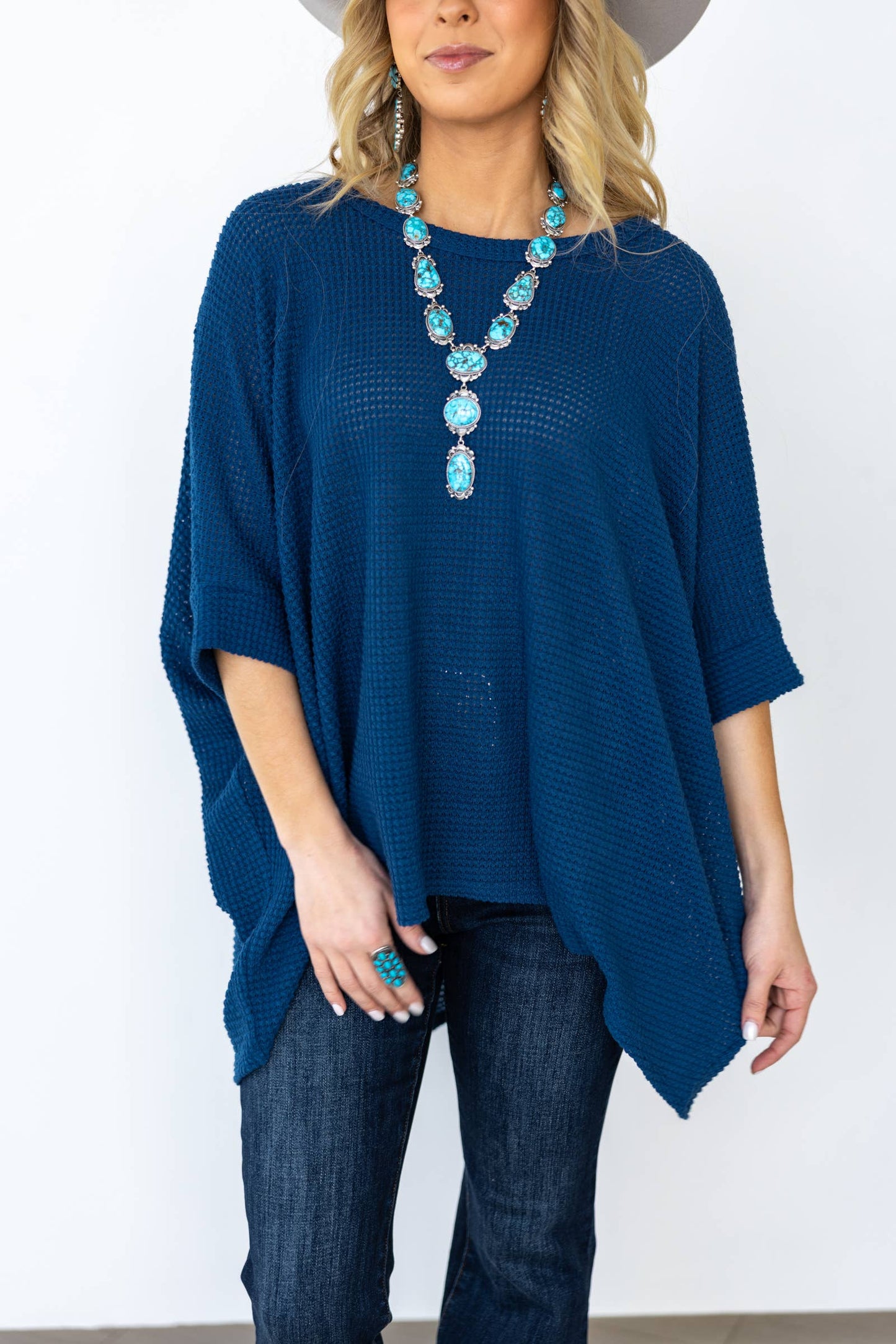 Crochet Oversized Relaxed Fit Poncho Top: NAVY / S/M
