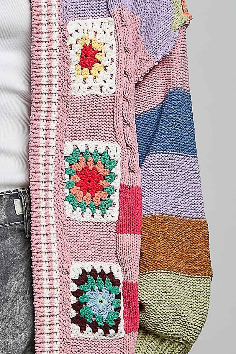 Handmade Patchwork Striped Chenille Sweater Open Cardigan: ROSE MULTI / S