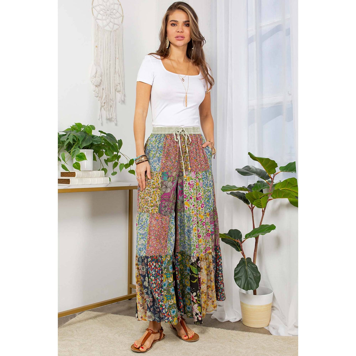 Printed Patchwork Overdyed Pants With 4 Tiers: Olive / (S-M-L-XL 1-2-2-1)