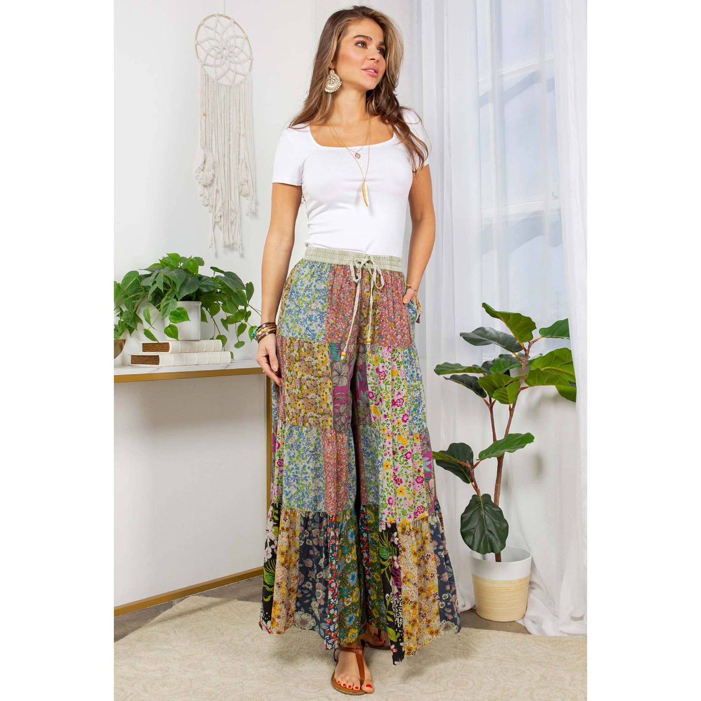 Printed Patchwork Overdyed Pants With 4 Tiers: Olive / (S-M-L-XL 1-2-2-1)