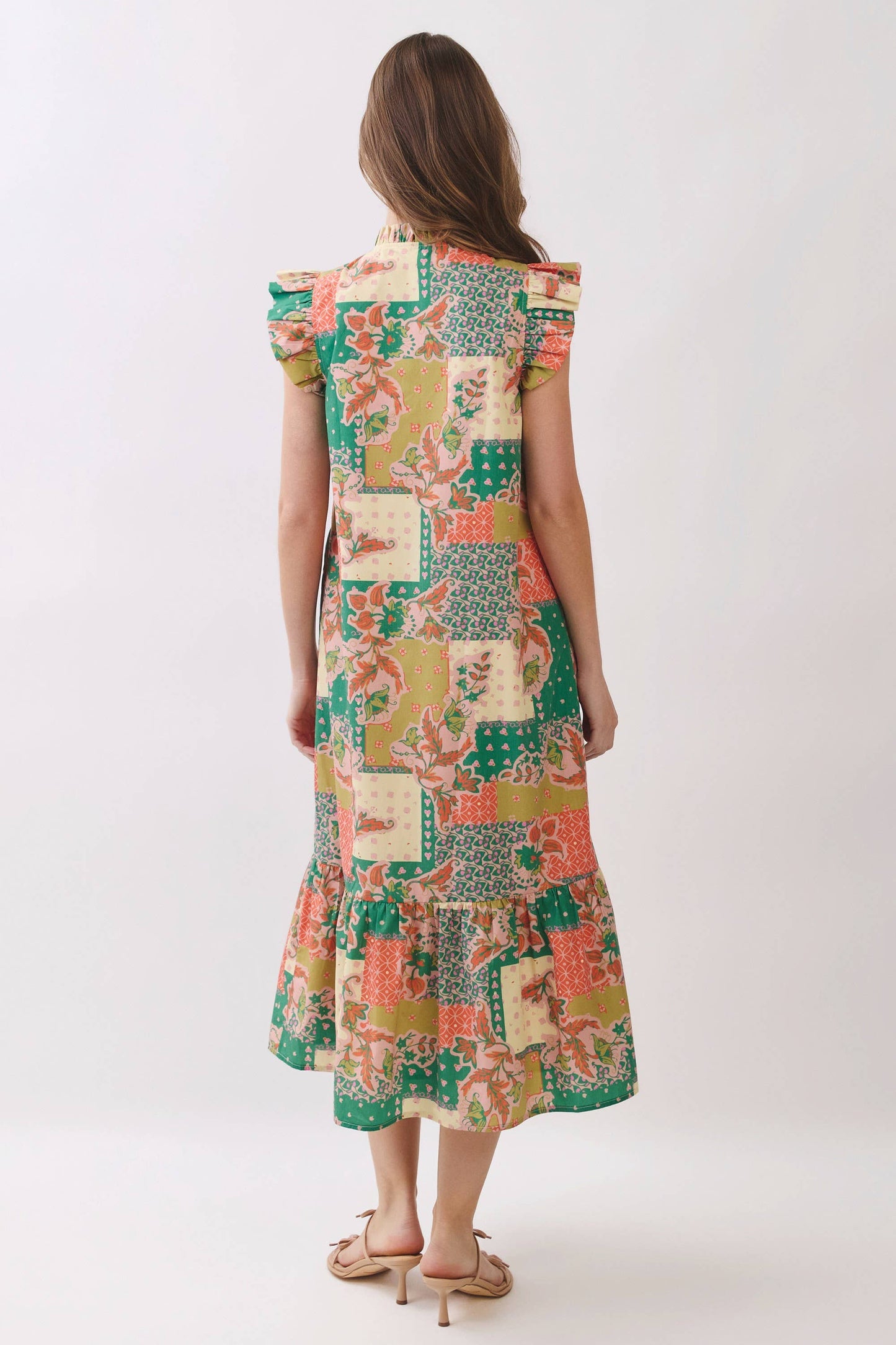CD07299-Patchwork Print Ruffle Sleeve Midi Dress: MULTI / S