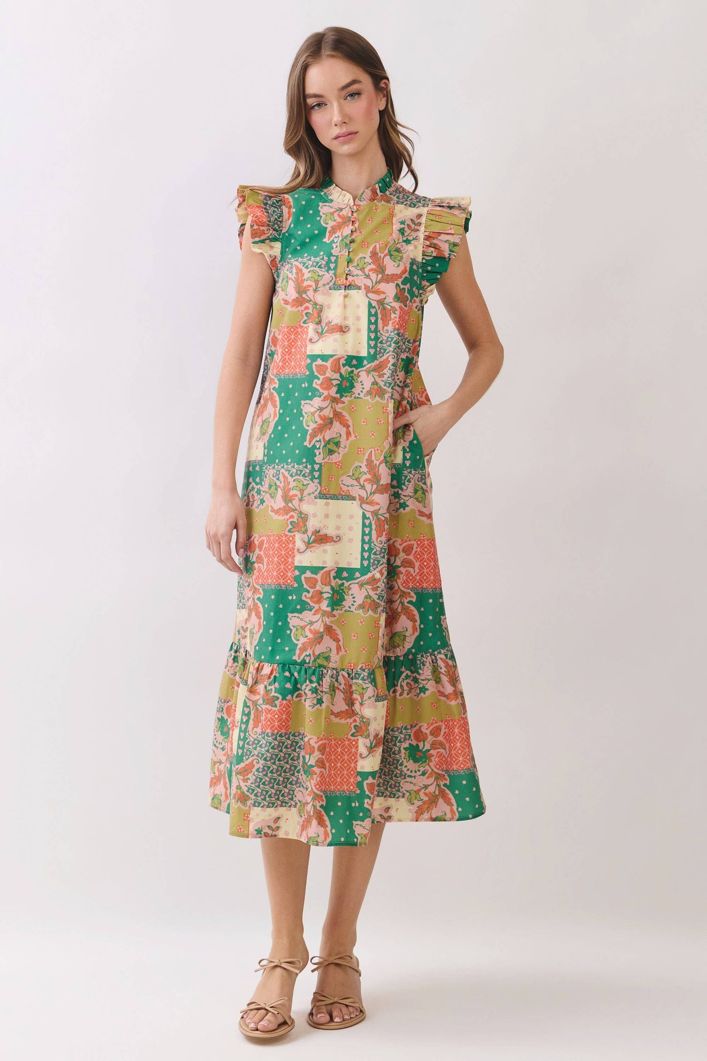 CD07299-Patchwork Print Ruffle Sleeve Midi Dress: MULTI / S