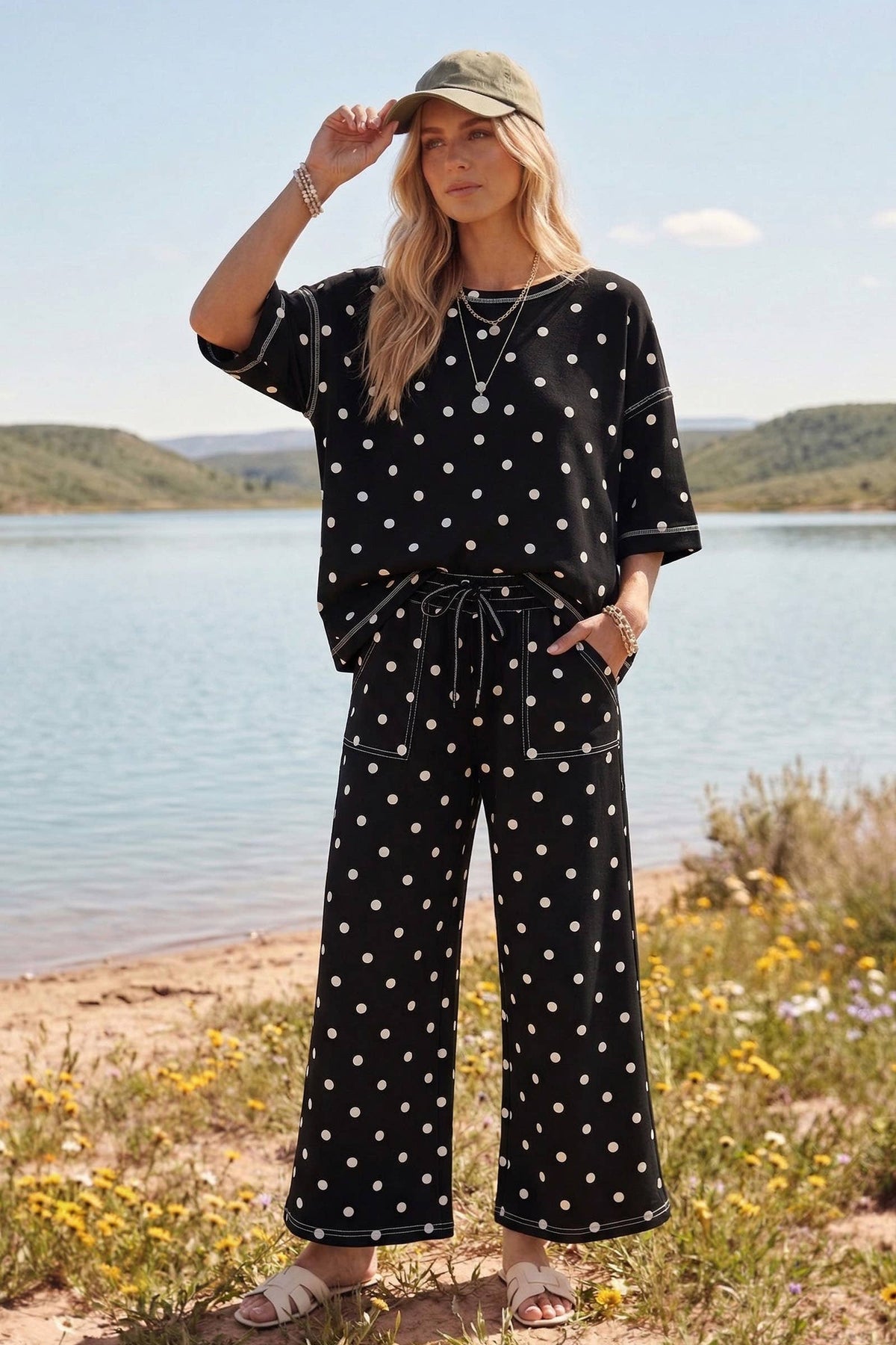 Black Polka Dot Scuba Pant Set