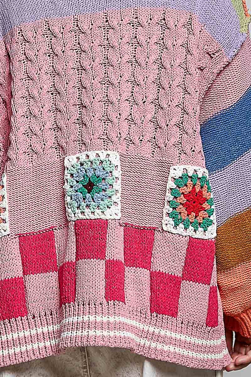 Handmade Patchwork Striped Chenille Sweater Open Cardigan: ROSE MULTI / S