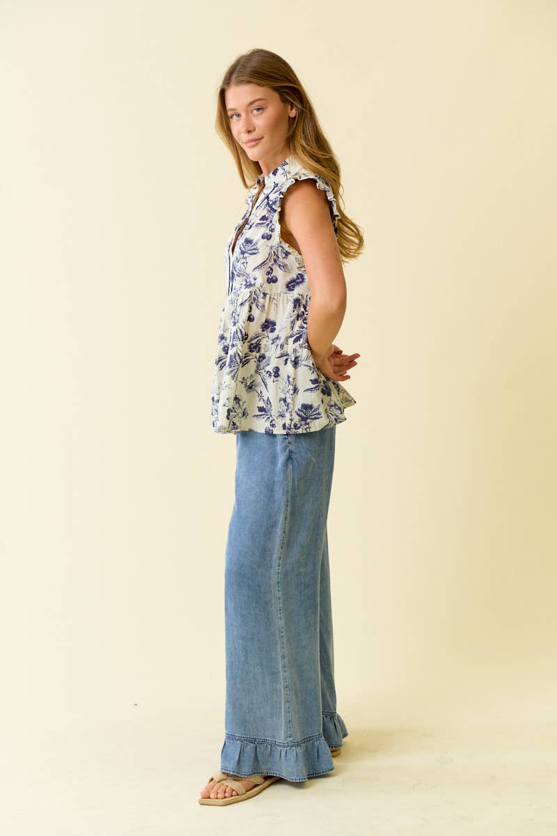 DENIM RUFFLE BOTTOM WIDE LEG PANTS - 8887P: DENIM / S
