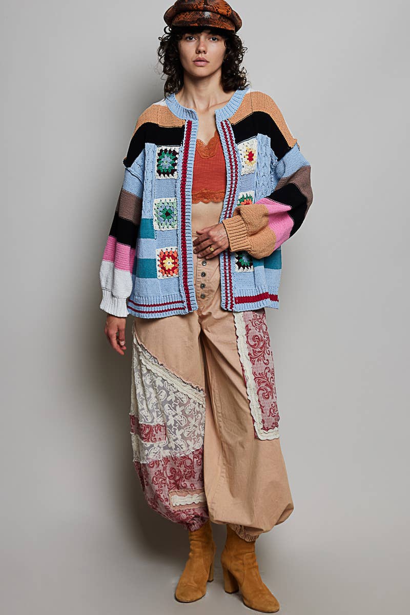 Handmade Patchwork Striped Chenille Sweater Open Cardigan: ROSE MULTI / S