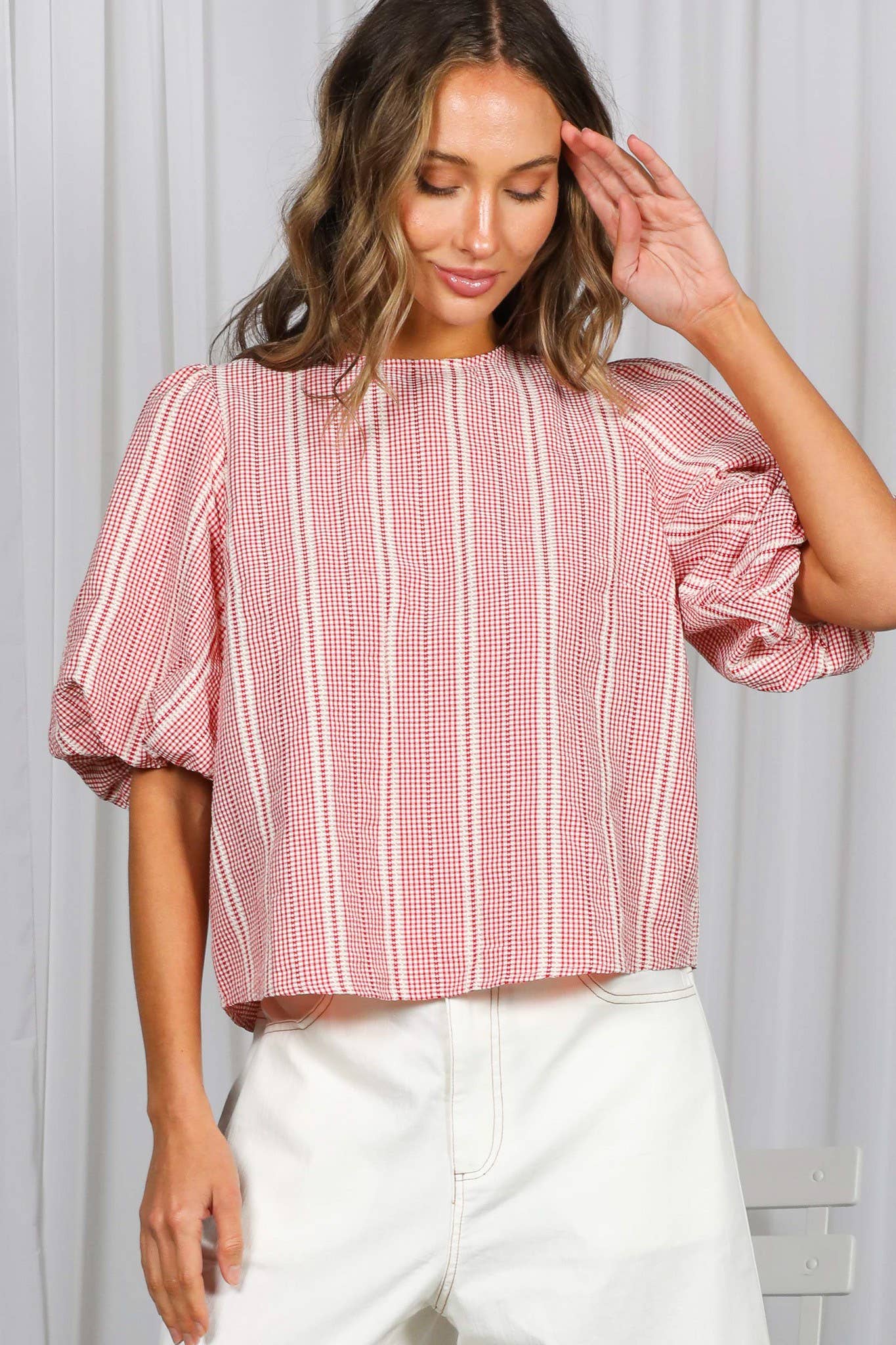 V-Back 2 Bow Accent Feminine Plaid Blouse Top VT82621C: Yellow / S
