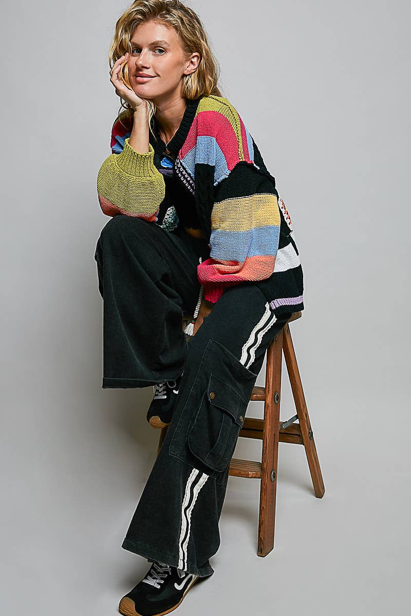 Handmade Patchwork Striped Chenille Sweater Open Cardigan: ROSE MULTI / S