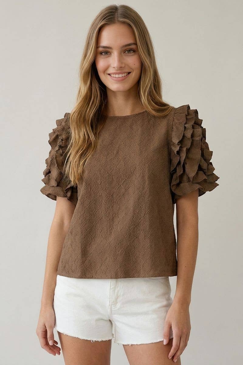 DIAMONT TEXTURED RUFFLE PUFF SLEEVE TOP - 46027T-1: Black / Contemporary / S