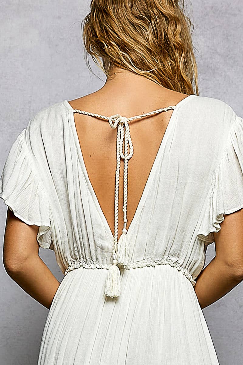 Ruffle Trim V-neck Embroidery Sequins Tassel Long Dress: IVORY / S