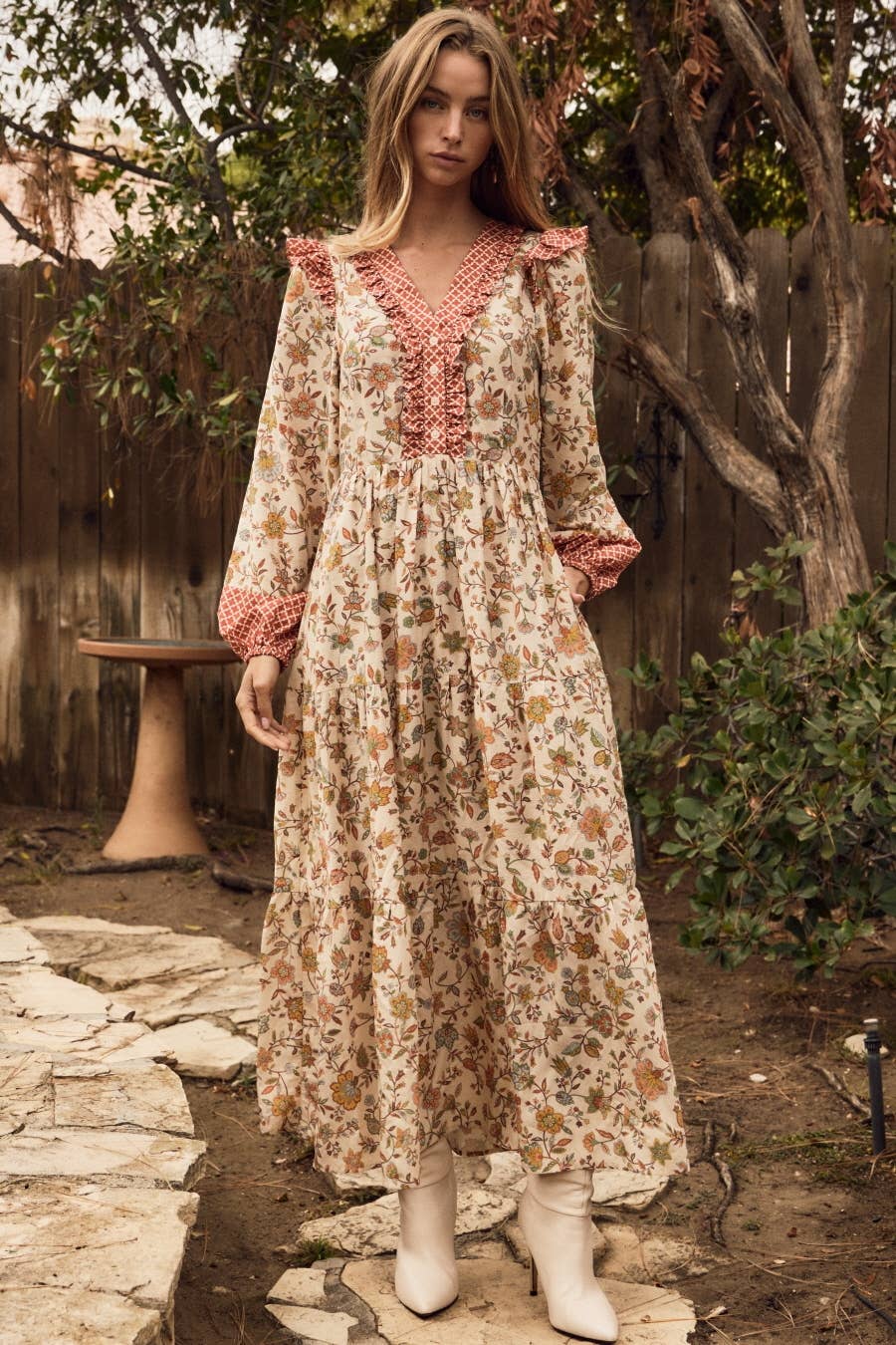 Floral Print Midi Dress: TERRA COTTA MULTI / S