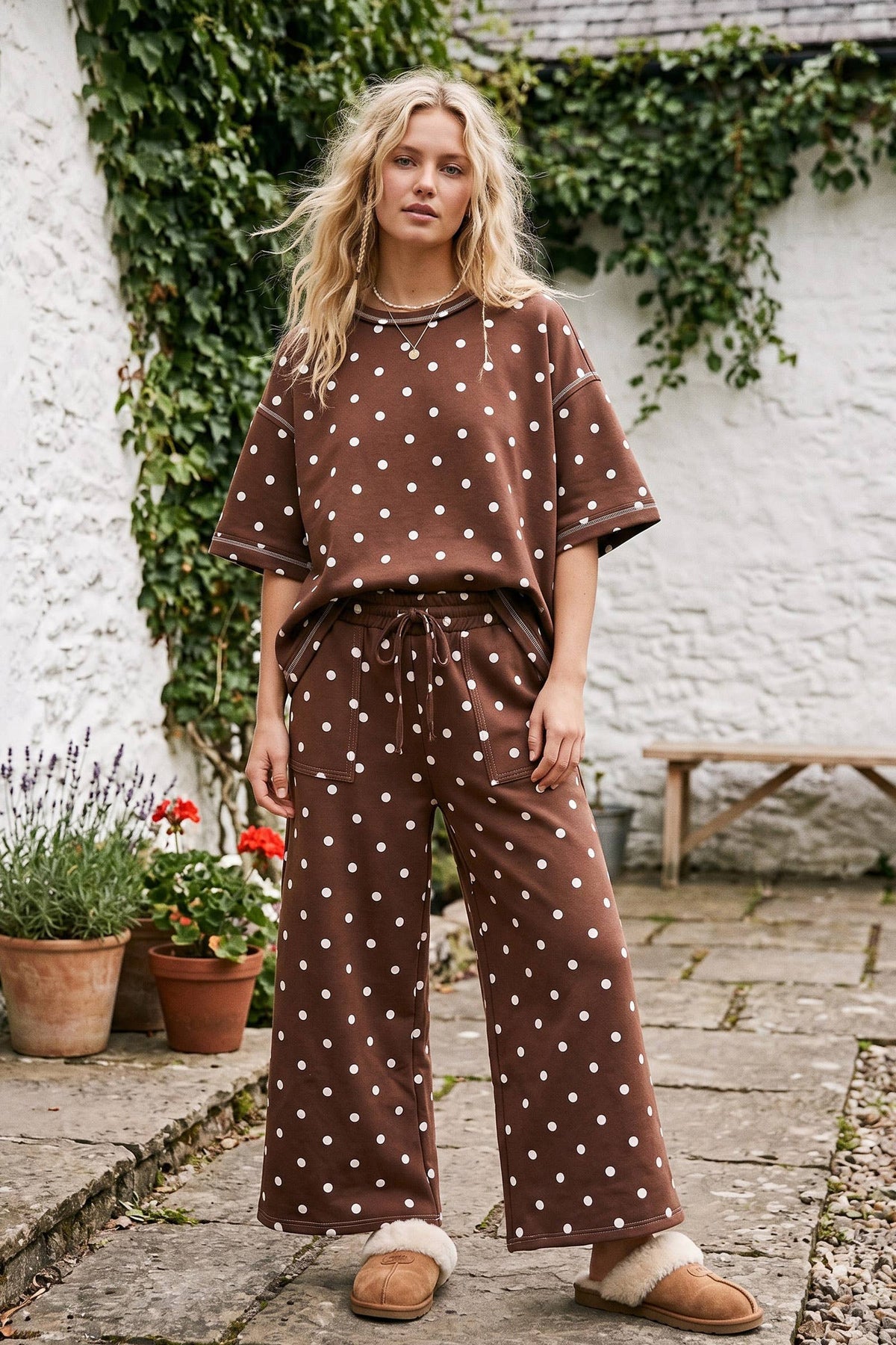 Brown Polka Dot Scuba Pant Set