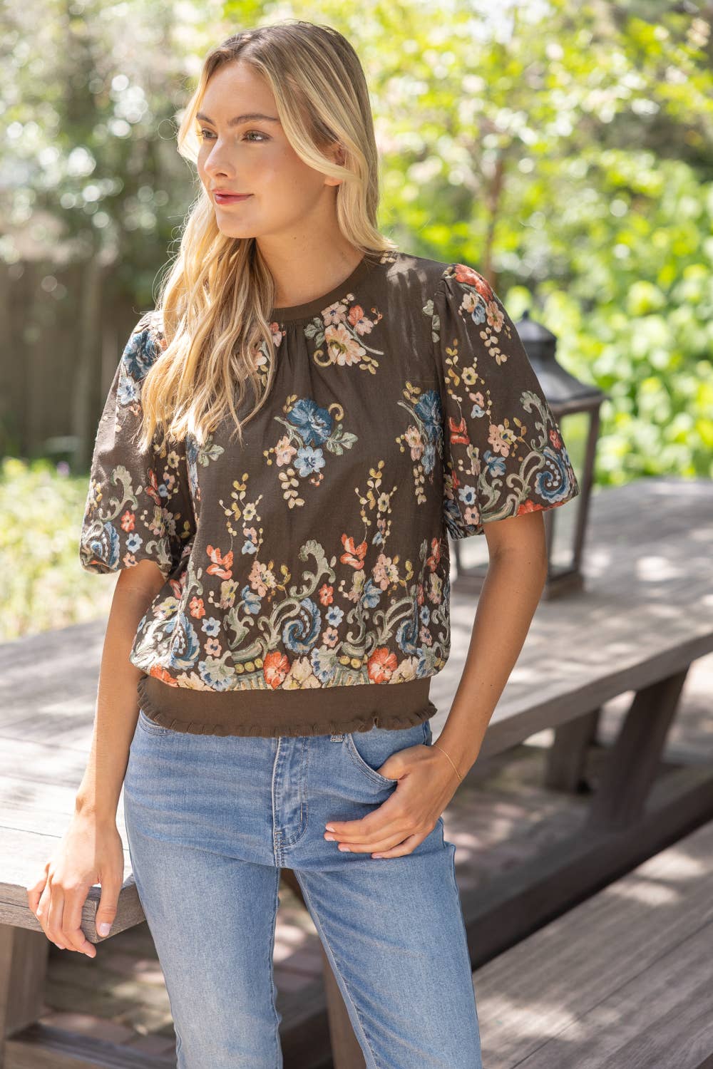 37037 Floral Embroidered Boarder Print Rib Band Top: Brown / S