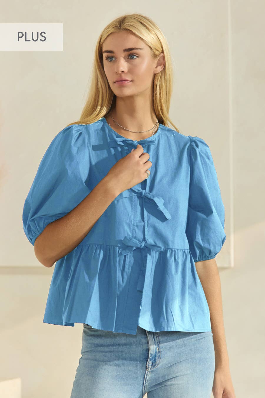 Plus Solid Cotton Poplin Front Tie Ribbon Blouse: Red / XL