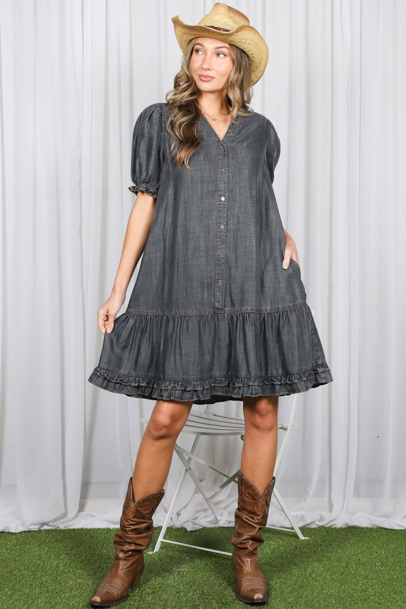 V-Neck Ruffle Hem 100%Tencel Chambray Midi Dress VD83226: Washed Denim / S