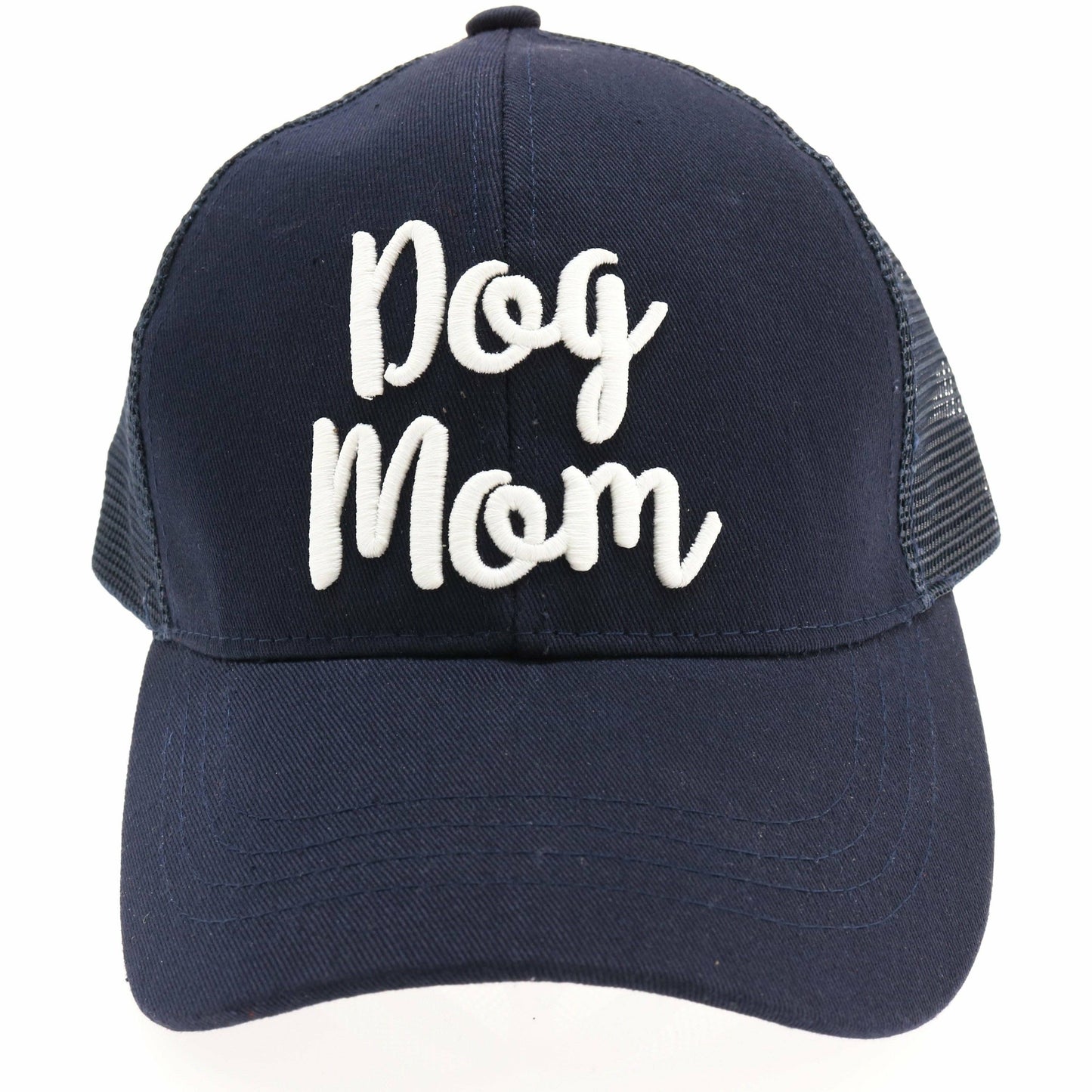 Navy Dog Mom Embroidered Mesh Back High Ponytail CC Ball Cap