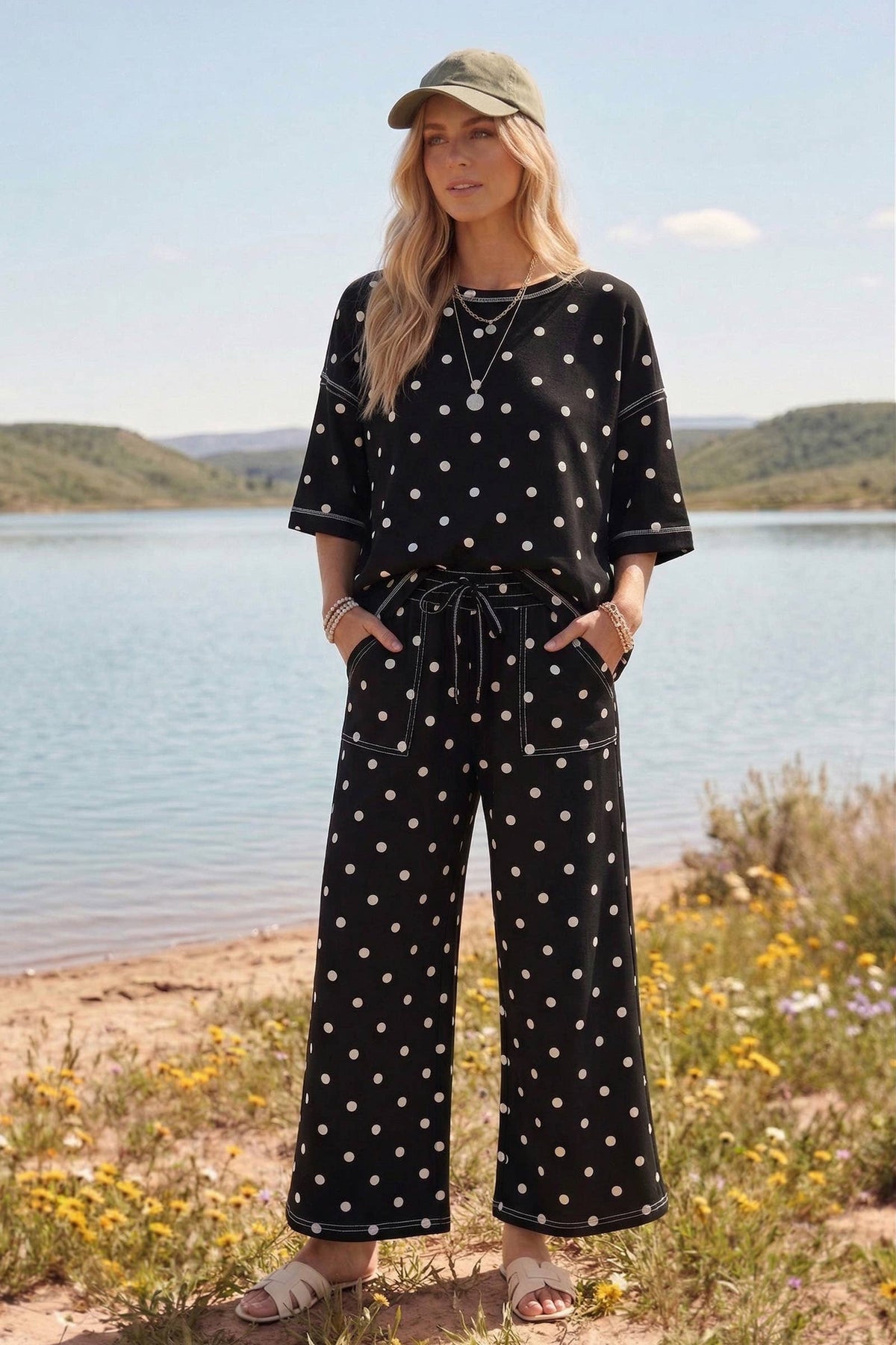 Black Polka Dot Scuba Pant Set
