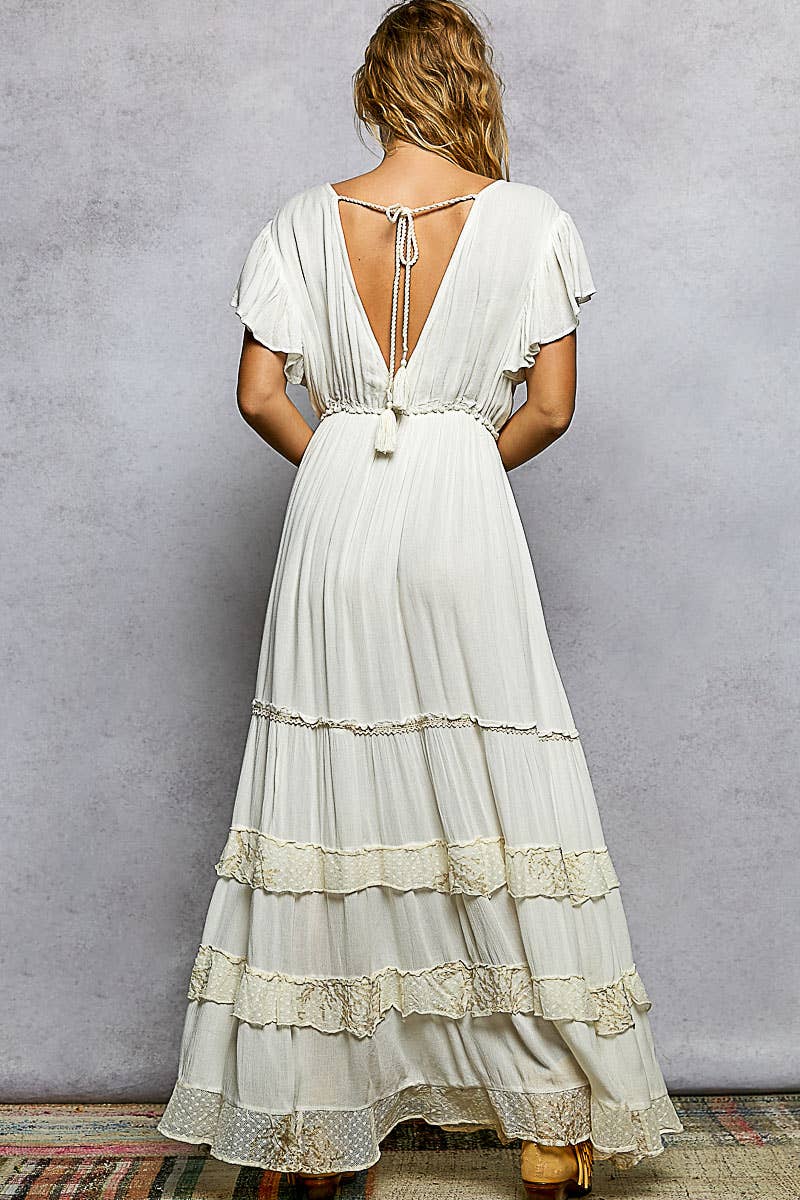 Ruffle Trim V-neck Embroidery Sequins Tassel Long Dress: IVORY / S