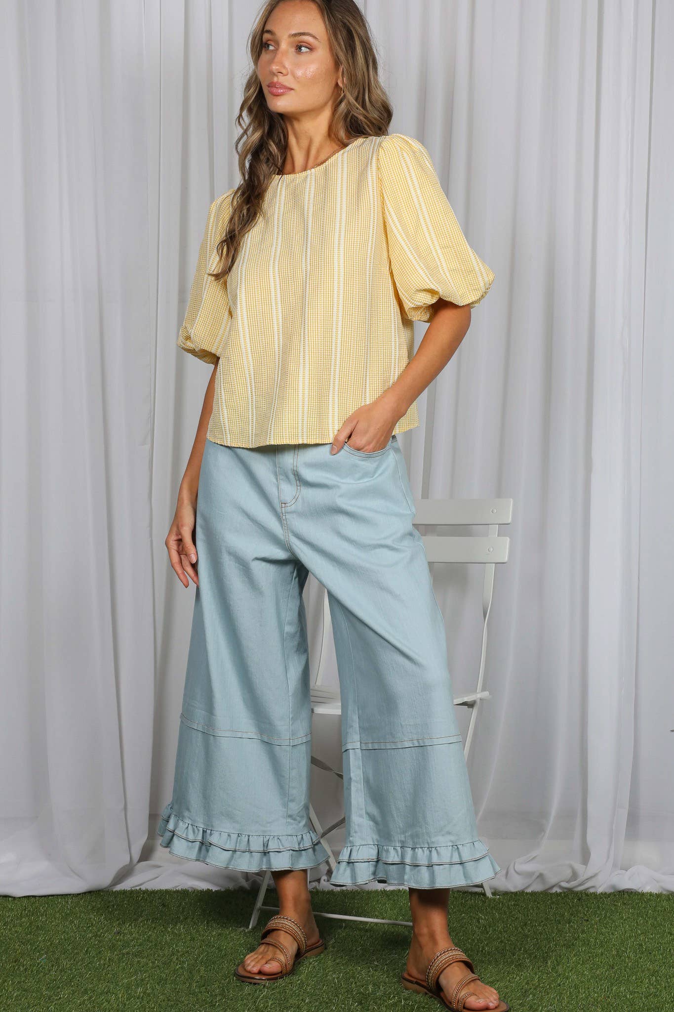 V-Back 2 Bow Accent Feminine Plaid Blouse Top VT82621C: Yellow / S