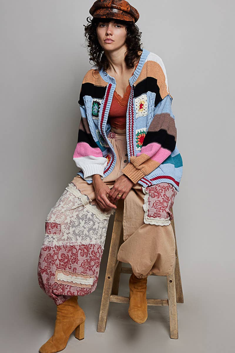 Handmade Patchwork Striped Chenille Sweater Open Cardigan: ROSE MULTI / S