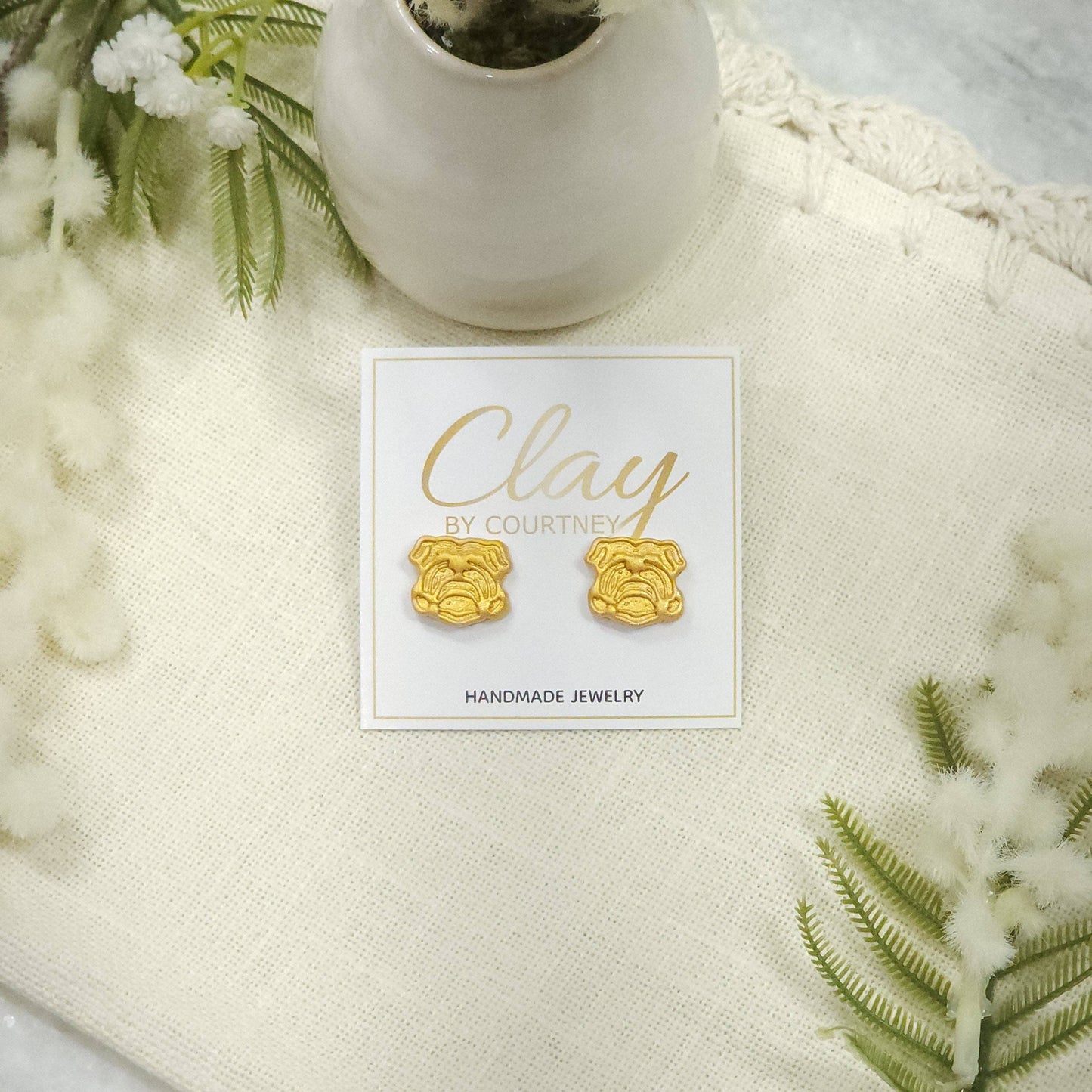 White and Gold Bulldog Earrings: Gold