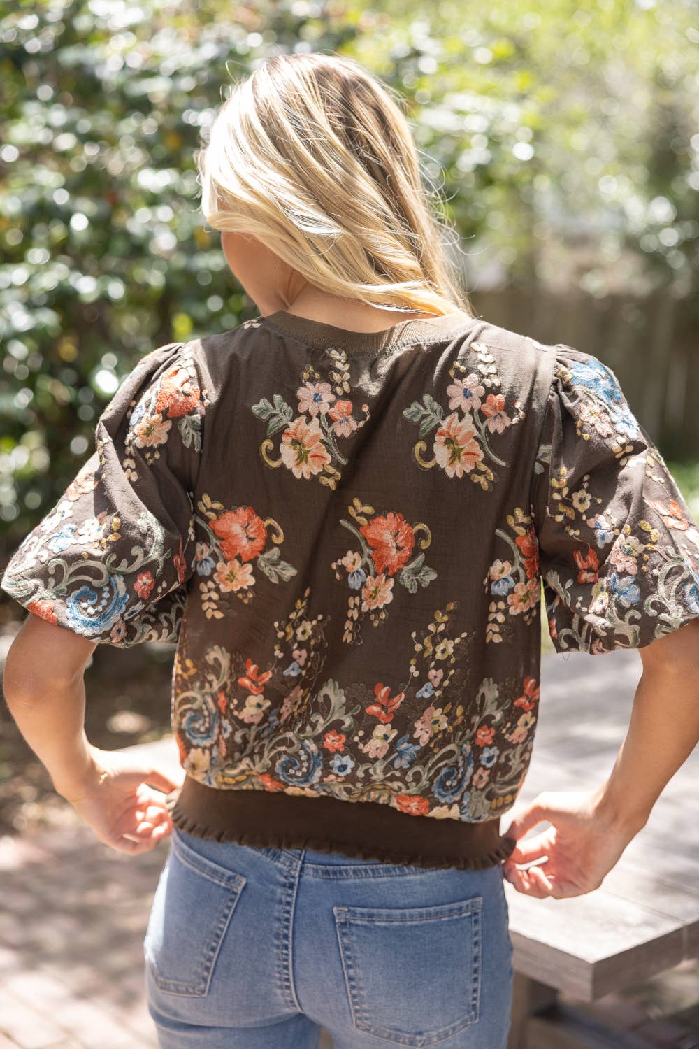 37037 Floral Embroidered Boarder Print Rib Band Top: Brown / S
