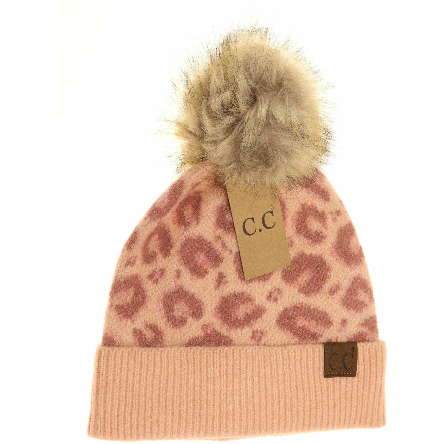 Taupe Leopard Pattern Faux Fur Pom Beanie