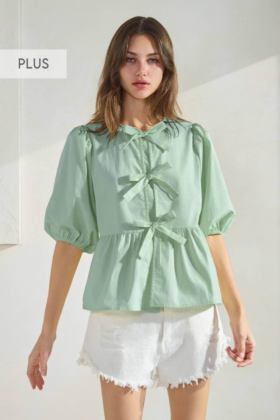 Plus Solid Cotton Poplin Front Tie Ribbon Blouse: Red / XL