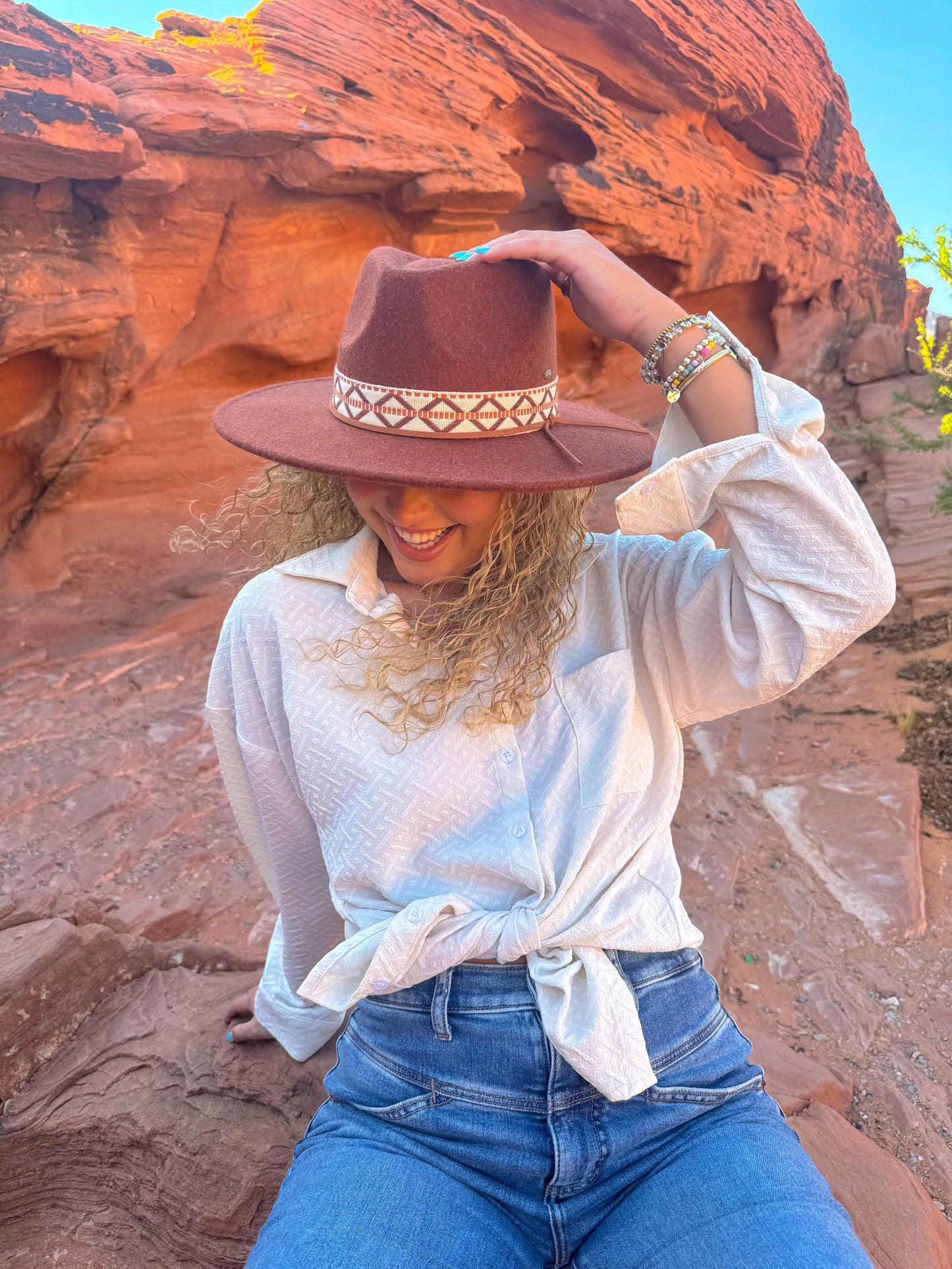 Oatmeal Geometric Band C.C Vegan Felt Hat