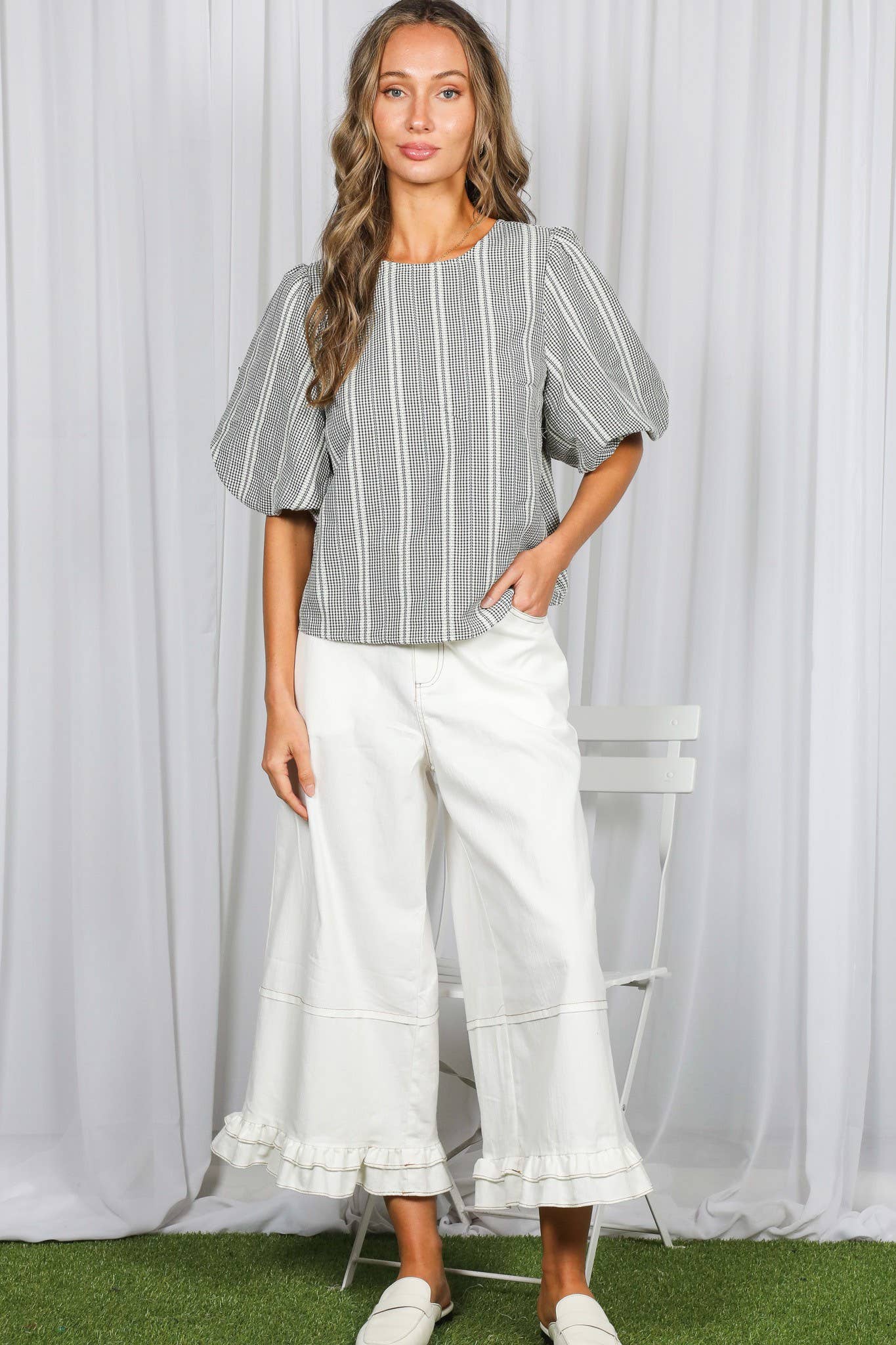 V-Back 2 Bow Accent Feminine Plaid Blouse Top VT82621C: Yellow / S