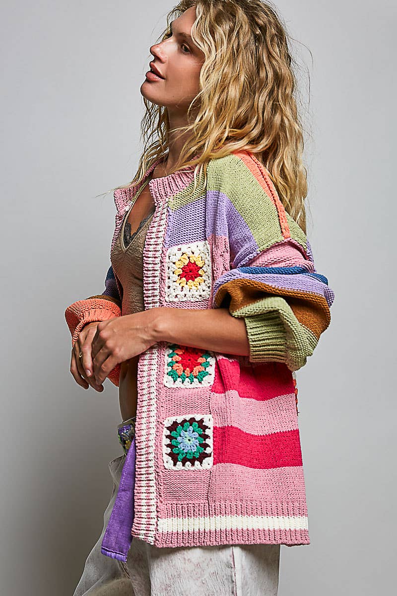 Handmade Patchwork Striped Chenille Sweater Open Cardigan: ROSE MULTI / S