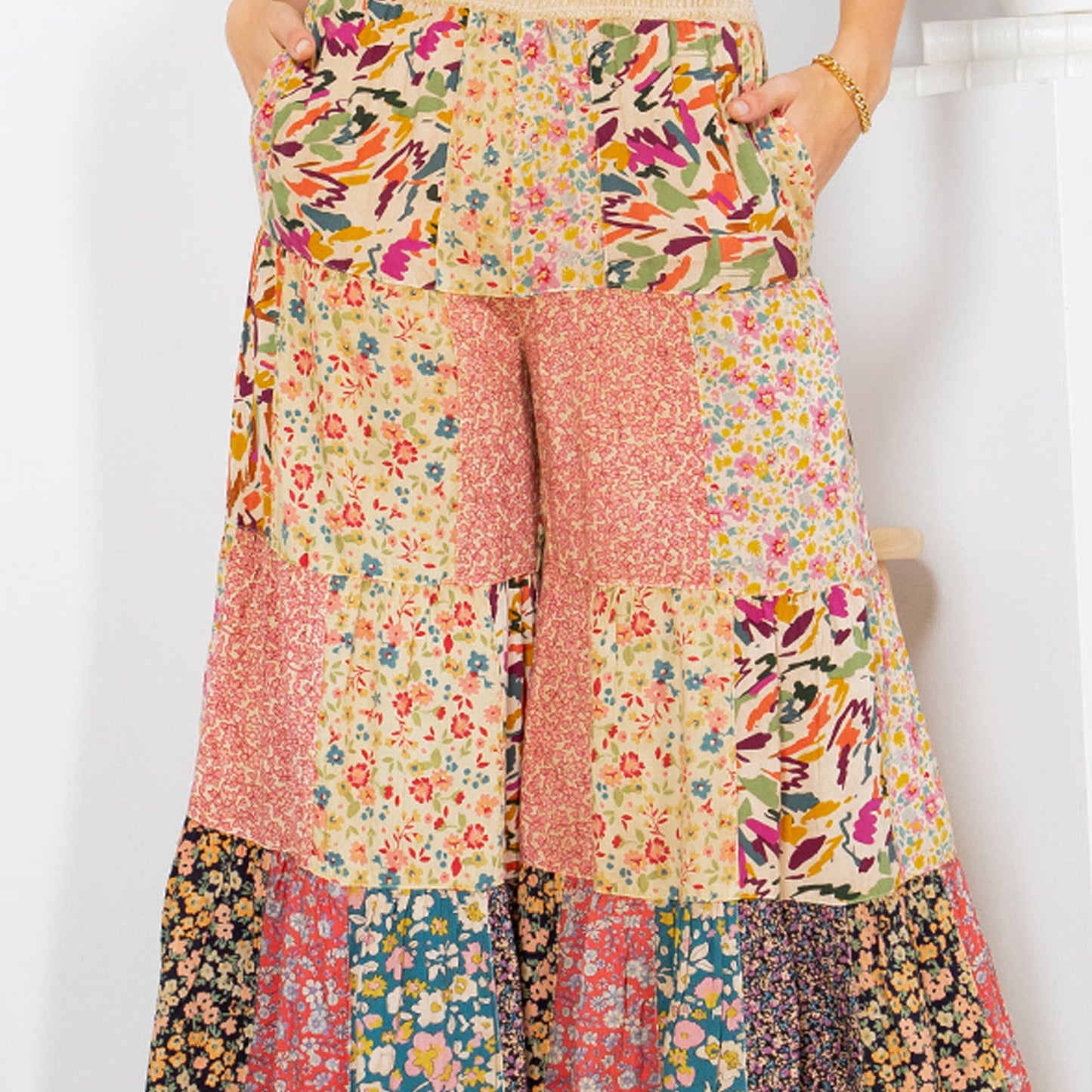 Printed Patchwork Overdyed Pants With 4 Tiers: Olive / (S-M-L-XL 1-2-2-1)