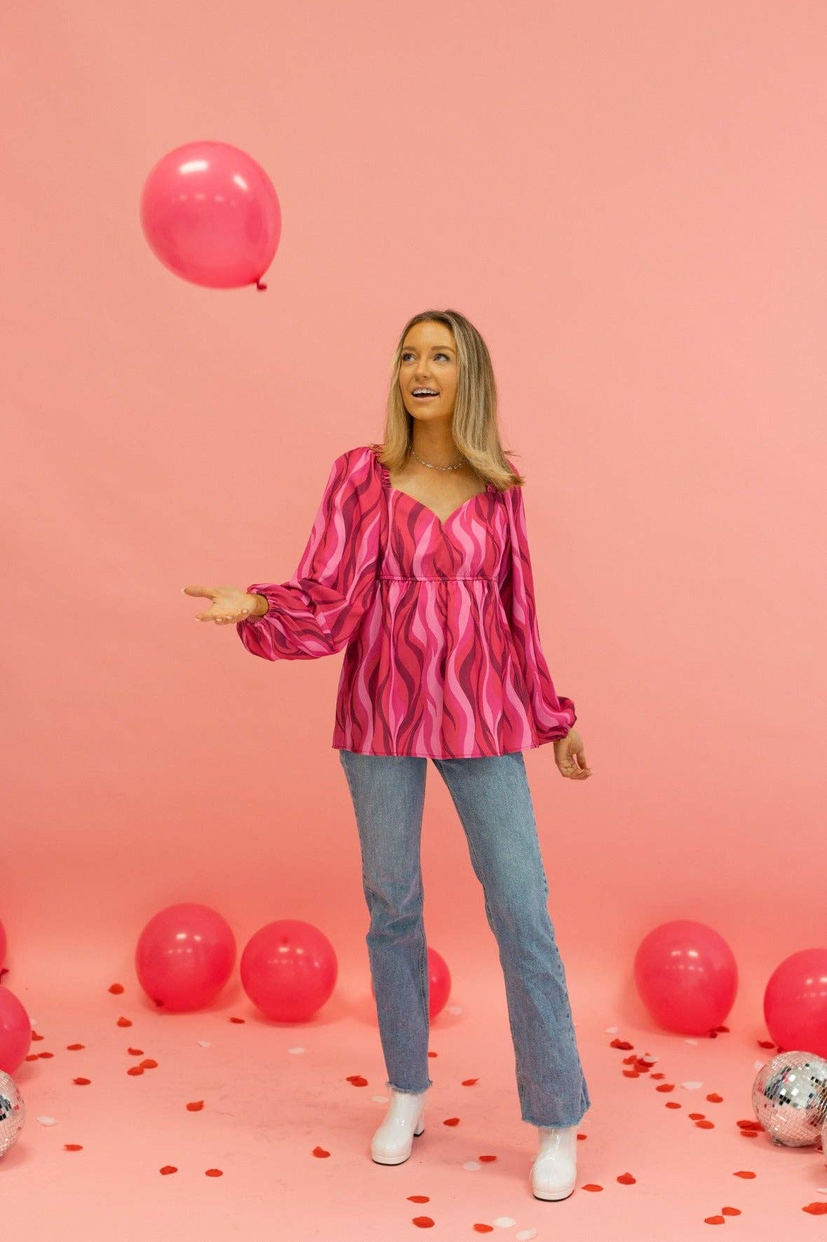 Flirty in Fuchsia Balloon-Sleeve Blouse: Fuchsia / 2X-Large