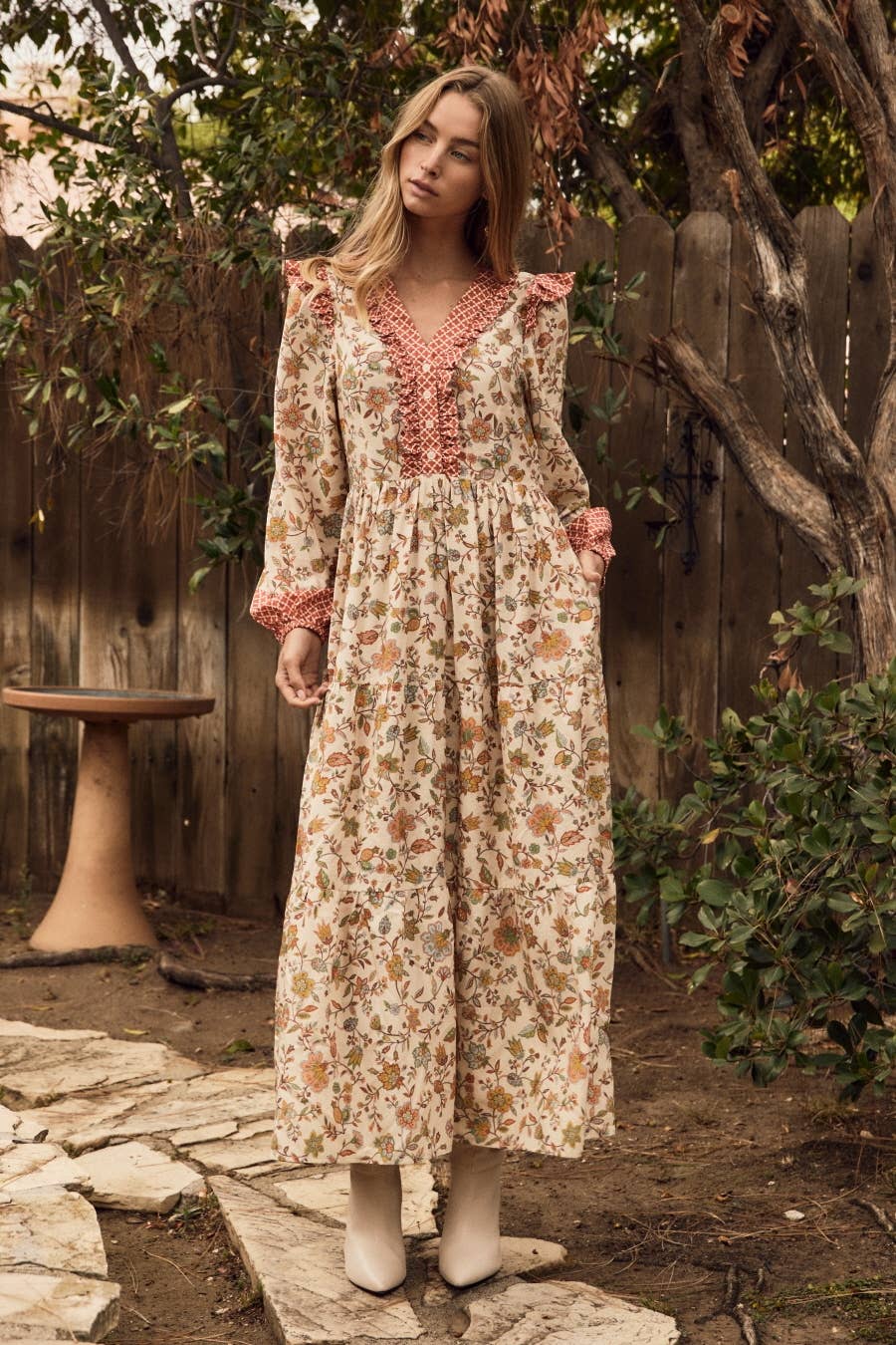 Floral Print Midi Dress: TERRA COTTA MULTI / S