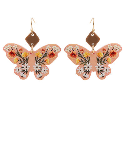 Wood Floral Butterfly Dangle Earrings