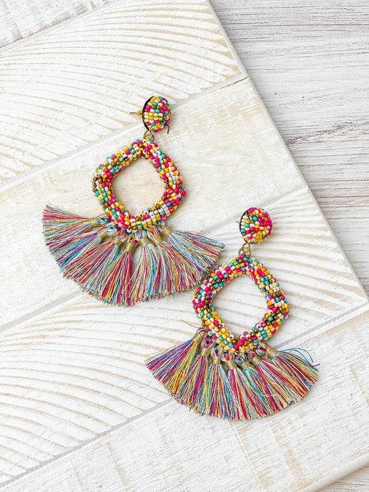 Seed Bead Fringe Dangle Earrings